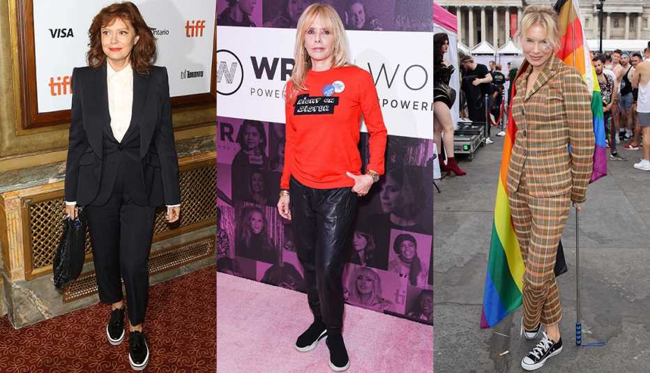 Susan Sarandon in pantsuit and sneaker/laceups; Rosanna Arquette in leather pants, sweater and slip on sneakers; Renee Zellweger in plaid pantsuit with Converse kicks