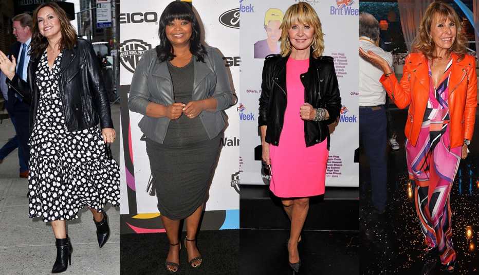 Mariska Hargitay in midi dress, leather biker jacket and booties; Octavia Spencer pairs a gray leather blazer, knit dress and sandals; Lulu in pink dress and biker jacket with pumps; Irene Sheer in orange biker over print dress