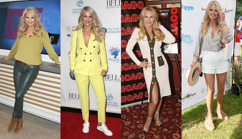 Four photos of Christie Brinkley wearing a V neck cashmere sweater with forest green leather pants wearing a butter yellow pantsuit wearing a V neck button front sweater dress and wearing a print blouse with white short shorts