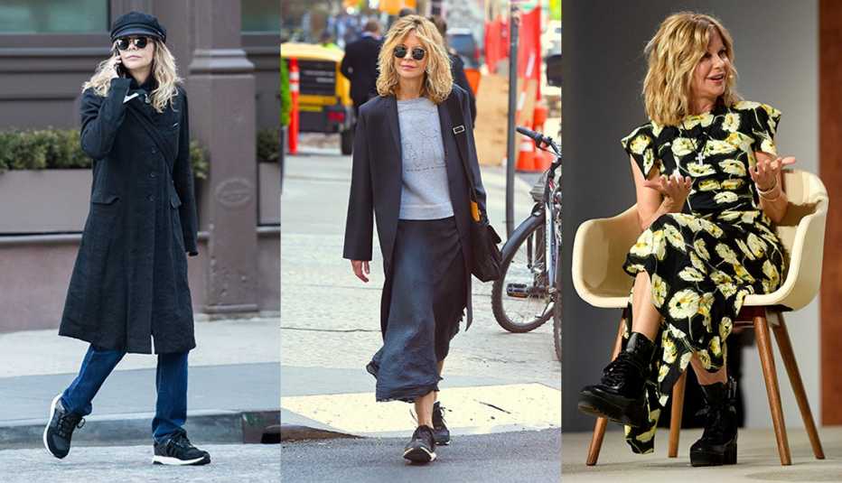 Meg Ryan wearing a black tailored coat jeans and a captain's cap another photo of her wearing a charcoal topcoat gray t shirt and charcoal midi skirt and a third photo of her wearing a dark floral midi dress with combat boots