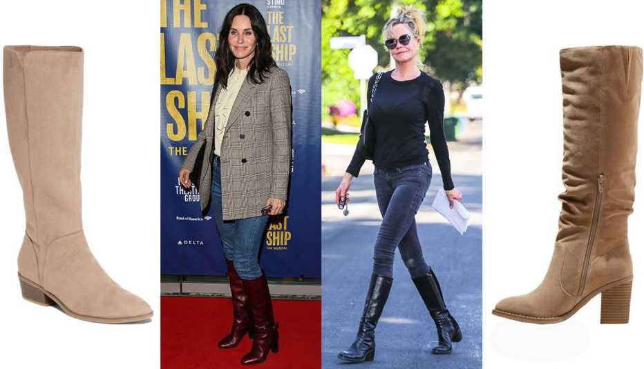 Old Navy Faux Suede Tall Boots for Women in Light Taupe Brown Courteney Cox Melanie Griffith Universal Thread Lainee Heeled Scrunch Fashion Boots in Taupe