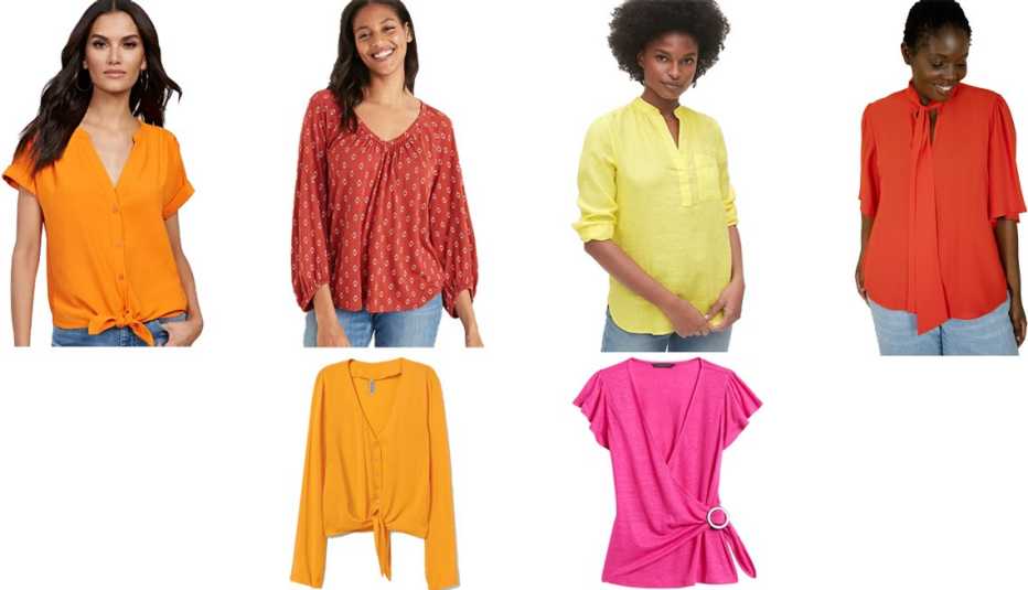New York &amp; Company Tie-Front Short-Sleeve Blouse Old Navy Shirred Raglan Sleeve Top for Women Gap Popver Pocket Shirt in Linen Eloquii Bow Blouse with Flutter Sleeve H&amp;M Tie-front V-neck Blouse Banana Republic Linen Wrap-Front Top