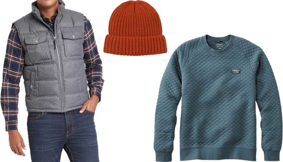 Goodfellow & Co Men’s Fullzip Midweight Puffer Vest in charcoal gray; H&M Men’s Rib Knit Hat in rust orange; L.L. Bean Men’s Quilted Sweatshirt Crewneck in storm blue