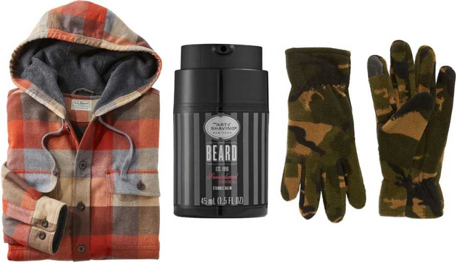 L.L. Bean Men’s Fleece-lined Flannel Shirt, Traditional Fit, Hooded in apple cinnamon heather; The Art of Shaving Men’s Sandalwood Stubble Beard Balm; Old Navy Go-Warm Performance Fleece Text-Friendly Gloves for Men in camo