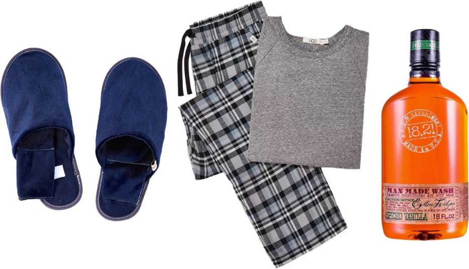 Uncommon Goods Men’s Herbal Warming Slippers; UGG Steiner Pajama Gift Set for Men in blue plaid/gray heather; 18.21 Man Made Spiced Vanilla Shampoo, Conditioner and Body Wash