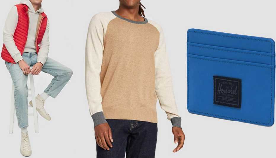 Gap Upcycled Lightweight Puffer Vest in vermillion; Goodfellow & Co Men’s Colorblock Regular Fit Crew Neck Sweater in brown; Herschel Supply Co. Charlie RFID in lapis blue reflective