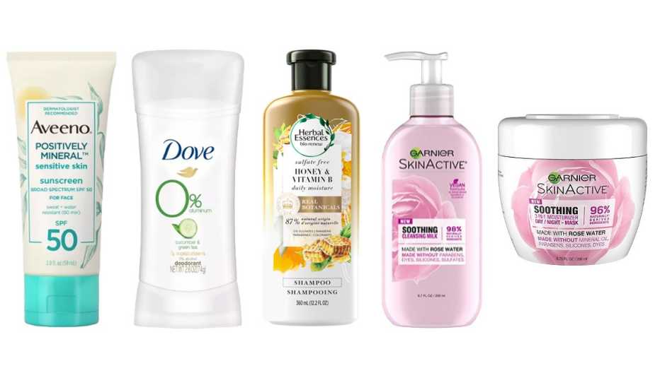 Aveeno Positively Mineral Sensitive Skin Sunscreen Dove 0 percent Aluminum Cucumber and Green Tea Deodorant Stick Herbal Essences Bio: Renew Honey and Vitamin B Sulfate-Free Shampoo Garnier SkinActive Soothing Milk Face Wash Garnier Face Moisturizer