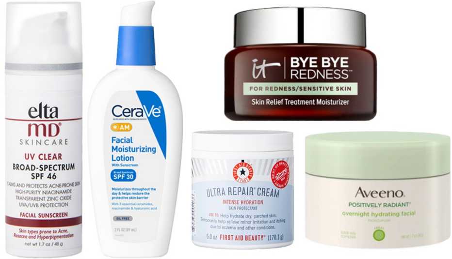 EltaMD UV Clear Broad Spectrum SPF 46 Sunscreen CeraVe AM Facial Moisturizing Lotion with Sunscreen SPF 30 First Aid Beauty Ultra Repair Cream IT Cosmetics Bye Bye Redness Sensitive Skin Moisturizer Aveeno Positively Radiant Overnight Hydrating Facial