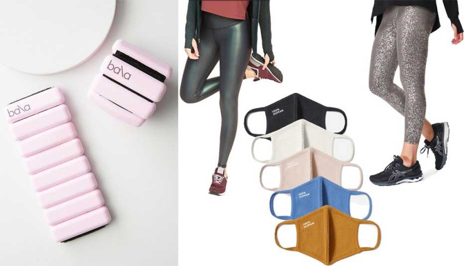 Bala Weighted Bangle Set in pink; Old Navy Extra High-Waisted Powersoft Light Compression Hidden-Pocket Leggings for Women in emerald shimmer; Everlane The 100% Human Face Mask 5-Pack; Sweaty Betty Contour 7/8 Leggings in gray terrazzo foil print