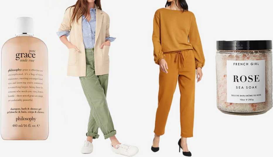 Philosophy Grace Nude Rose Shampoo, Bath & Shower Gel; (Left to right) J.Crew Sophie Open-Front Sweater-Blazer in hthr natural; Who What Wear Women’s Mid-Rise Regular Fit Jogger Pants in brown; French Girl Organics Rose Sea Soak