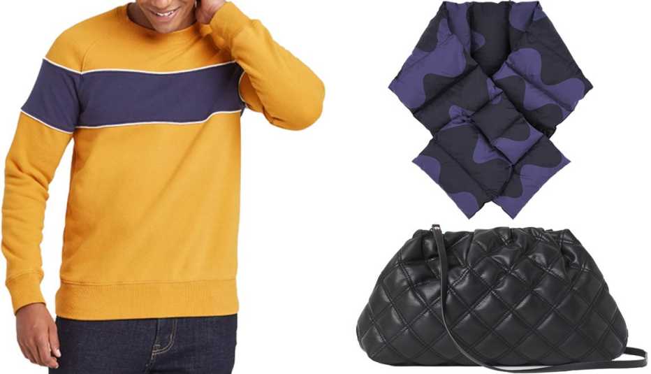 Goodfellow & Co Men’s Colorblock Regular Fit Crew Fleece; Uniqlo Women’s Padded Marimekko Scarf in 68 blue; H&M Quilted Shoulder Bag in black