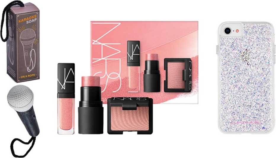 Microphone Soap On a Rope; NARS Orgasm Threesome Travel Size Set; Case-Mate Apple iPhone Case in Stardust