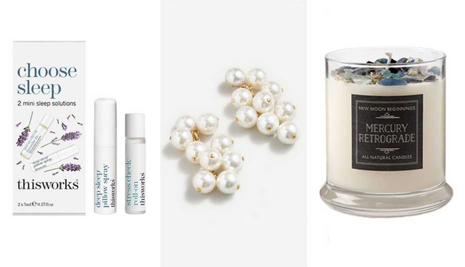 This Works Choose Sleep Kit; J.Crew Pearl-Cluster Dangle Earrings; Mercury Retrograde Protection Candle