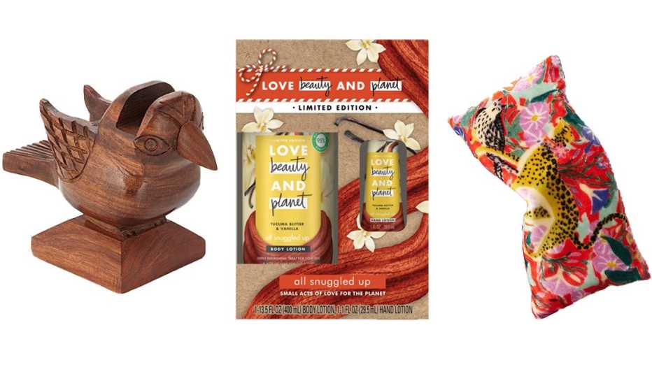 Songbird Eyeglasses Holder; Love Beauty & Planet Tucuma Butter and Vanilla Body Lotion + Hand Lotion Gift Pack Set; Lil Sire Tigressa Velvet Eye Pillow in red motif