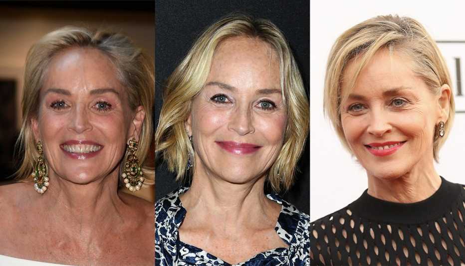 collage of 3 photos of Sharon Stone