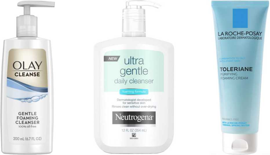 Olay Cleanse Gentle Foaming Cleanser; Neutrogena Ultra Gentle Daily Foaming Facial Cleanser; La Roche-Posay Toleriane Purifying Foaming Cream