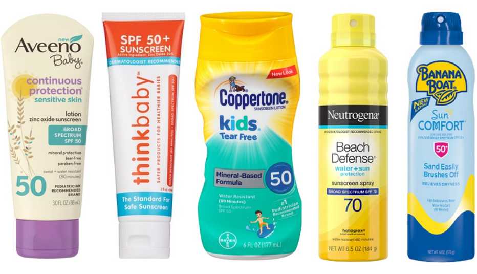 Aveeno Baby Continuous Protection Zinc Oxide Mineral Sunscreen S P F 50 Thinkbaby SAFE Sunscreen SPF 50 Coppertone Kids Sunscreen Tear Free Mineral Based Water Resistant Lotion S P F 50 Neutrogena Beach Defense Oil Free Body Sunscreen Spray S P F 70