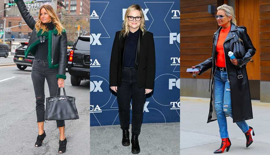 Kelly Killoren Bensimon wearing dark gray jeans with black heels Amy Poehler in dark blue jeans with black boots and Yolanda Hadid wearing ripped blue jeans with red and black heeled boots