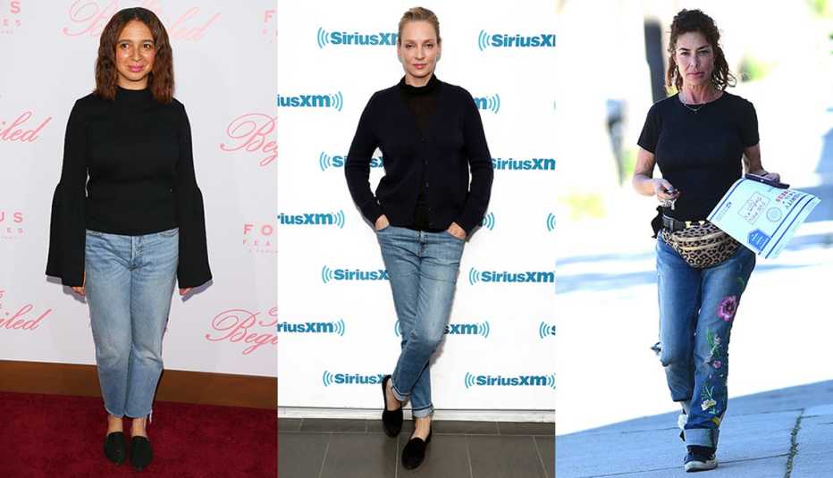 Maya Rudolph wearing blue boyfriend jeans Uma Thurman wearing blue girlfriend jeans and Claudia Wells wearing boyfriend jeans with a rolled hem