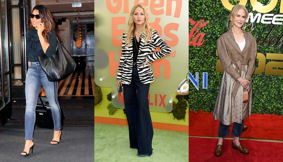 Regina Hall wearing blue skinny jeans with a dark blouse Rachel Zoe wearing relaxed jeans with a zebra patterned blazer and Nicole Kidman wearing a coat over dark blue jeans