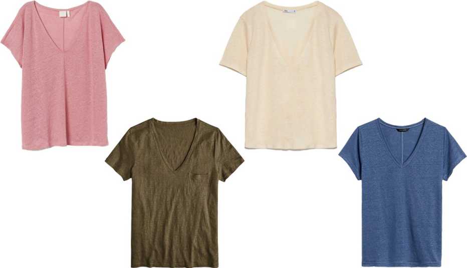 H and M Linen V Neck T Shirt in Dusty Rose J Crew Linen V Neck Pocket T Shirt in Frosty Olive Zara Linen Tee in Beige Banana Republic Linen V Neck T Shirt in Indigo Fog