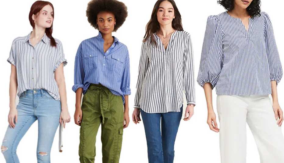 Universal Thread Short Sleeve Button Down Camp Shirt in Blue Alex Mill Keeper Popover in Striped Cotton Gauze Old Navy Vertical Stripe Split Neck Popover Tunic for Women in Blue Gray Stripe Banana Republic Poplin Puff Sleeve Blouse in White Stripe