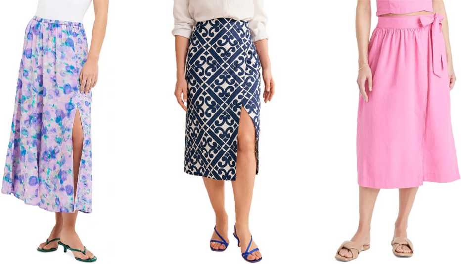 French Connection Gretha Floral Midi Skirt in Sheer Lilac; Boden Women Easy Wrap Midi in French Navy, Flower Stem; A New Day Women’s Linen Wrap A-Line Skirt in Pink