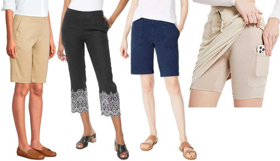 Lands’ End Women’s Mid Rise Elastic Waist Pull On 12” Knockabout Chino Bermuda Shorts; Chico’s Linen Embroidered Crops; J.Jill Pure Jill Indigo Knit Jean Shorts in Everyday Wash; Baleaf Women’s Skort Skirt 20” Knee Length with Pocket in Khaki