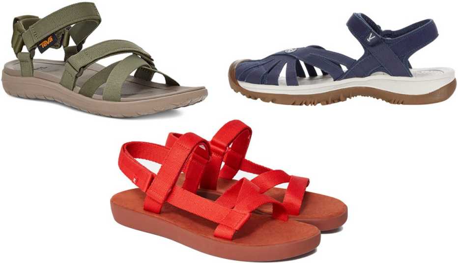 Teva Sandborn Mia Sandal in green; Keen Rose Sandal in navy; Everlane ReNew Sport Sandal in scarlet