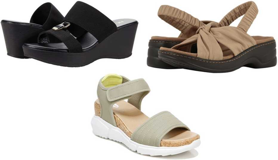 Anne Klein Hermina in black; Trotters Nella; Dr. Scholl’s Hey Girl Wedge Sandal in green