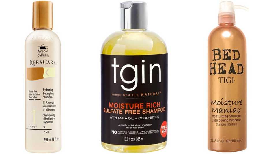 KeraCare Hydrating Detangling Shampoo; TGIN Moisture Rich Sulfate Free Shampoo; TIGI Bed Head Moisture Maniac Moisturizing Shampoo