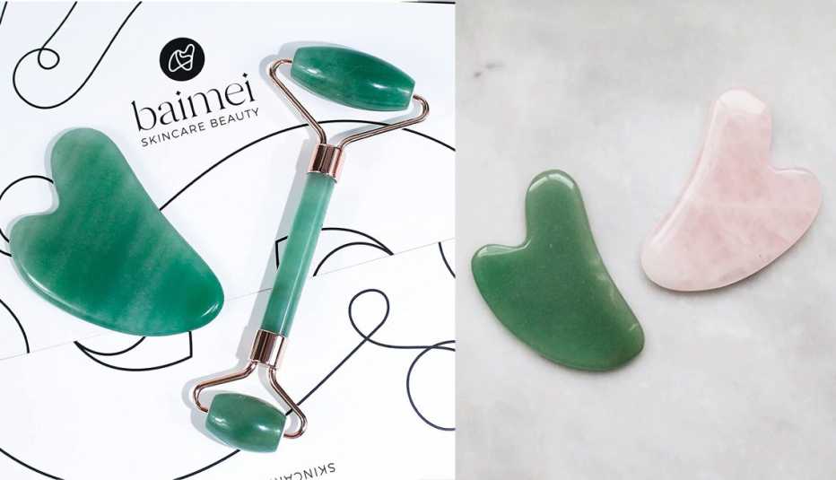 Baimei Jade Roller and Gua Sha Set; Mount Lai Gua Sha Facial Lifting Tool in Rose Quartz or Jade