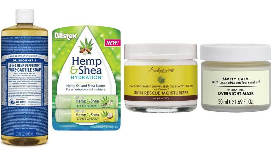Dr. Bronner’s 18-in-1 Hemp Peppermint Pure Castile Soap; Blistex Hemp & Shea; Shea Moisture Cannabis & Witch Hazel Skin Rescue Moisturizer; Botanics Simply Calm Hydrating Overnight Mask for Stressed Skin
