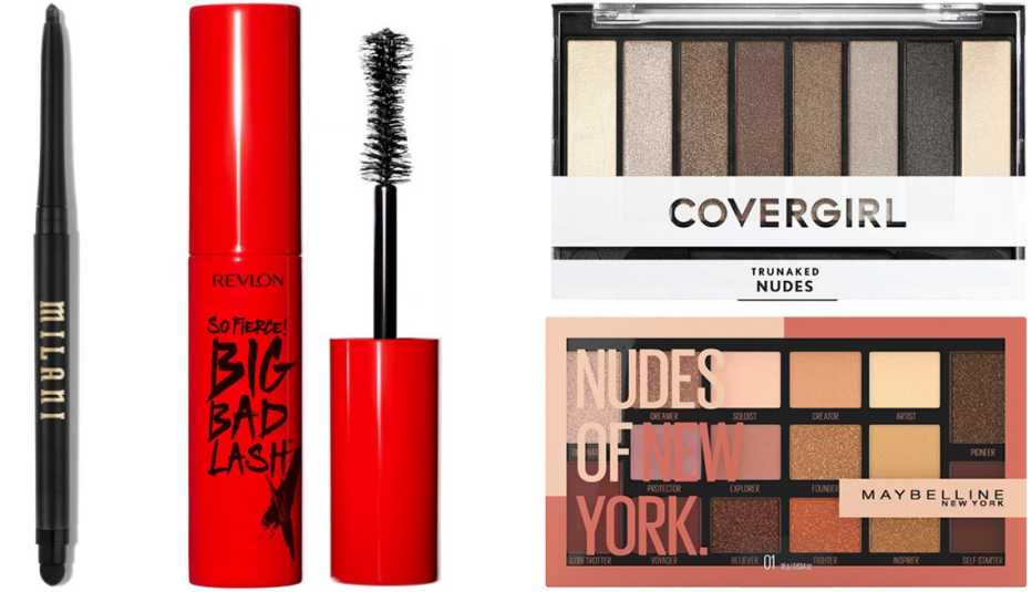 Milani Stay Put 24HR Eyeliner in After Dark; Revlon So Fierce Big Bad Lash Mascara with Eyelash Tint in 760 Blackest Black; CoverGirl Nudes TruNaked Eyeshadow Palette; Maybelline Nudes of New York Eyeshadow Palette