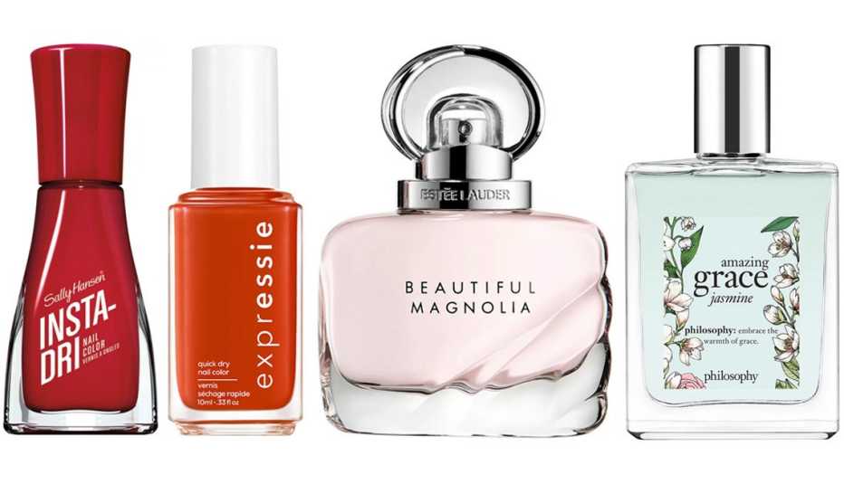Sally Hansen Insta-Dri Nail Color in 383 ASAP Apple; Essie Expressie Quick-Dry Nail Polish in Bolt and Be Bold; Estée Lauder Beautiful Magnolia Eau de Perfum; Philosophy Amazing Grace Jasmine Eau de Toilette