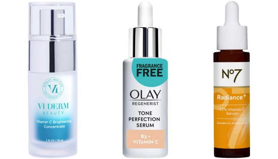 Vi Derm Vitamin C Brightening Concentrate; Olay Regenerist Tone Perfection Serum Vitamin B3 + Vitamin C; No7 Radiance + 15% Vitamin C Serum