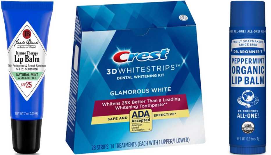 Jack Black Intense Therapy Lip Balm SPF 25; Crest 3D Whitestrips Glamorous White Teethe Whitening Strips; Dr. Bronner's Organic Lip Balm Peppermint