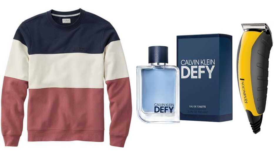 L.L.Bean 1912 Sweatshirt, Crewneck, Colorblock in Rosewood/Classic Navy; Calvin Klein Defy Eau de Toilette; Remington The Virtually Indestructible Haircut & Beard Trimmer