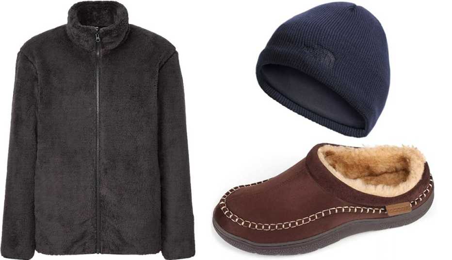 Uniqlo Fluffy Yarn Fleece Full-Zip Jacket in 08 Dark Gray; The North Face Bones Recycled Beanie in Aviator Navy; RockDove Men’s Aiden Wool Lined Full Ridge Clog Slipper in Coffee