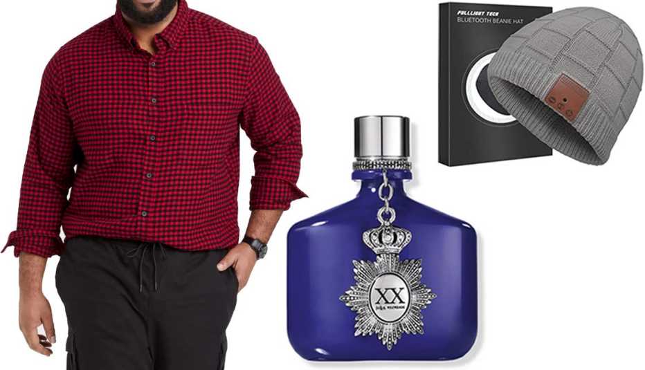 Goodfellow & Co Men’s Standard Fit Plaid Lightweight Flannel Long-Sleeve Button-Down in Red; John Varvatos XX Indigo Eau de Toilette; Fulllight Tech Upgraded Bluetooth Beanie Hat with Headphones in Light Gray