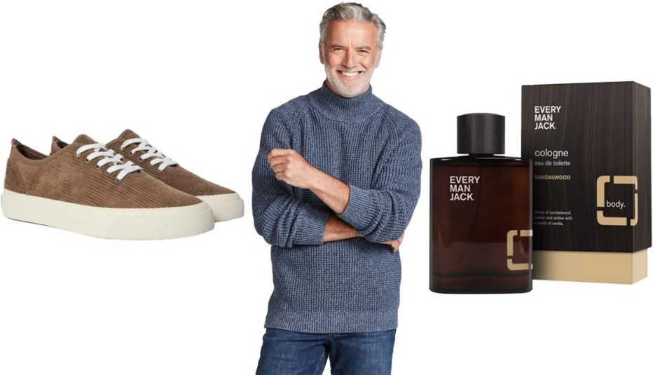 Everlane The Forever Sneaker in Toasted Coconut; L.L.Bean Men’s Organic Cotton Sweater, Turtleneck in Vintage Indigo; Every Man Jack Men’s Sandalwood Cologne