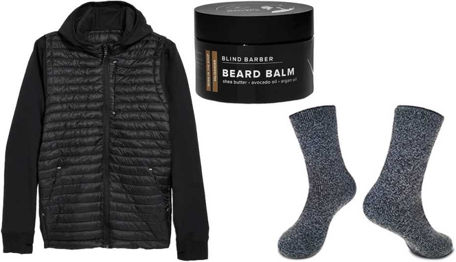 Old Navy Dynamic Fleece 2-in-1 Puffer Zip Hoodie for Men in Black Jack; Blind Barber Bryce Harper Beard Balm; Hot Feet Thermal Socks, 2 pack in Solid Denim Heather/Dark Navy