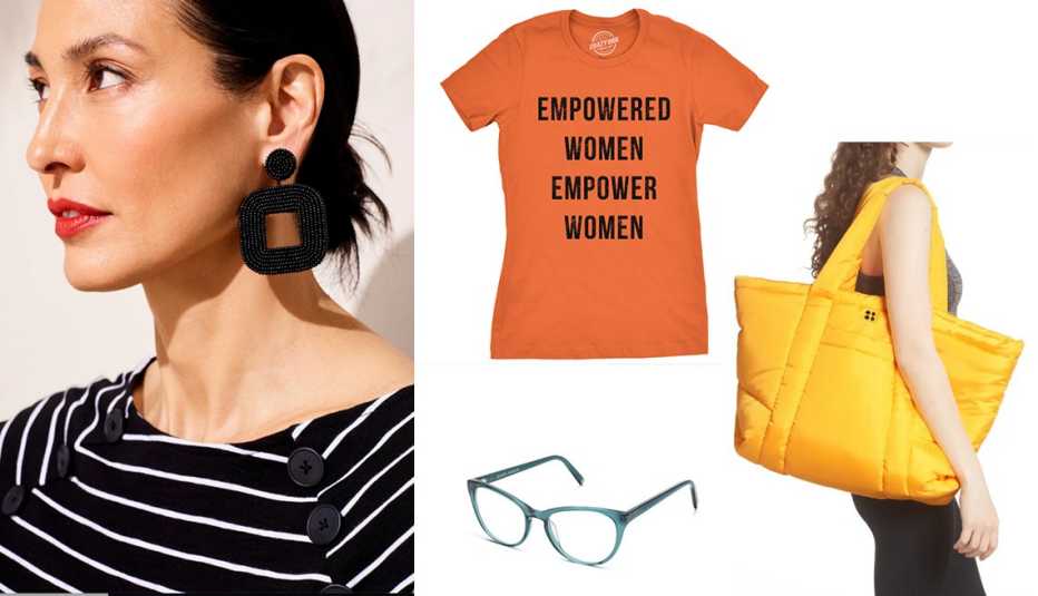 chicos black beaded drop hoop earrings sweaty betty cloud bag in yellow crazy dog t shirt empowered women in orange warby parker shea frames in peacock green