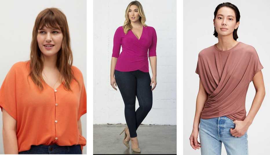 violeta by mango buttons t shirt in coral kiyonna femme fatale faux wrap top in orchid gap wrap t shirt in modal in pink fig