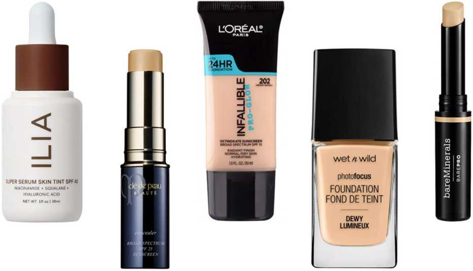 Ilia Super Serum Skin Tint SPF 40; Clé de Peau Beauté Concealer Broad Spectrum SPF 25; L’Oréal Paris Infallible Pro-Glow Foundation Normal/Dry Skin; Wet n Wild Photo Focus Dewy Foundation; bareMinerals BarePro 16-HR Full Coverage Concealer