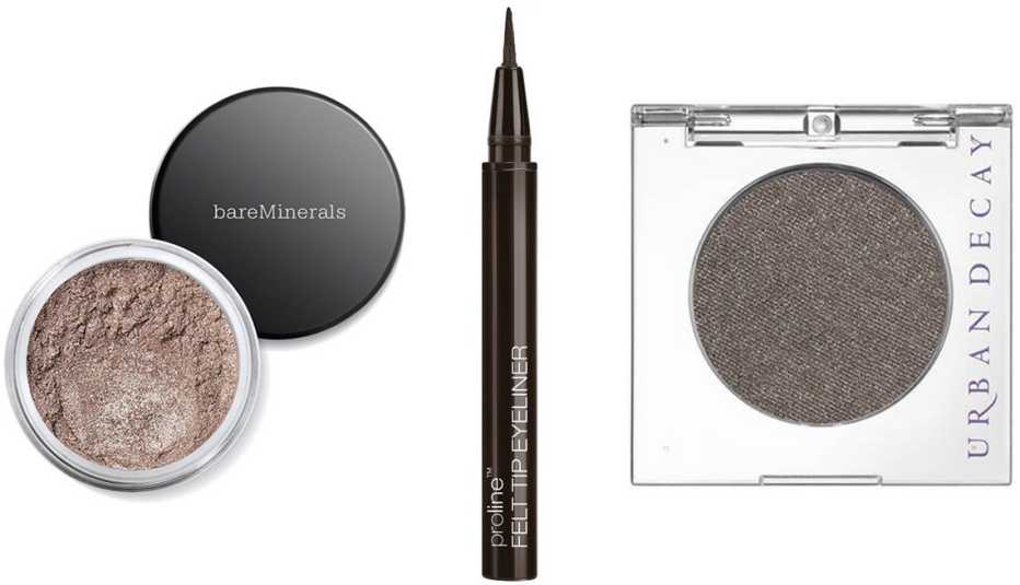 bareMinerals Glimmer Eyeshadow in Celestine; Wet n Wild ProLine Felt Tip Eyeliner in dark brown; Urban Decay 24/7 Eyeshadow in Mushroom