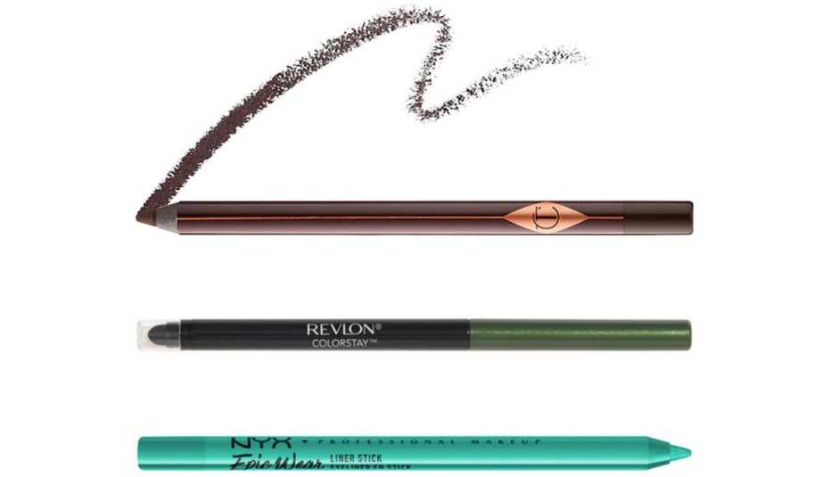 Charlotte Tilbury Rock ’N’ Kohl Eyeliner Pencil in Barbarella brown; Revlon ColorStay Eye Liner in jade; NYX Professional Makeup Epic Wear Liner Stick in aqua