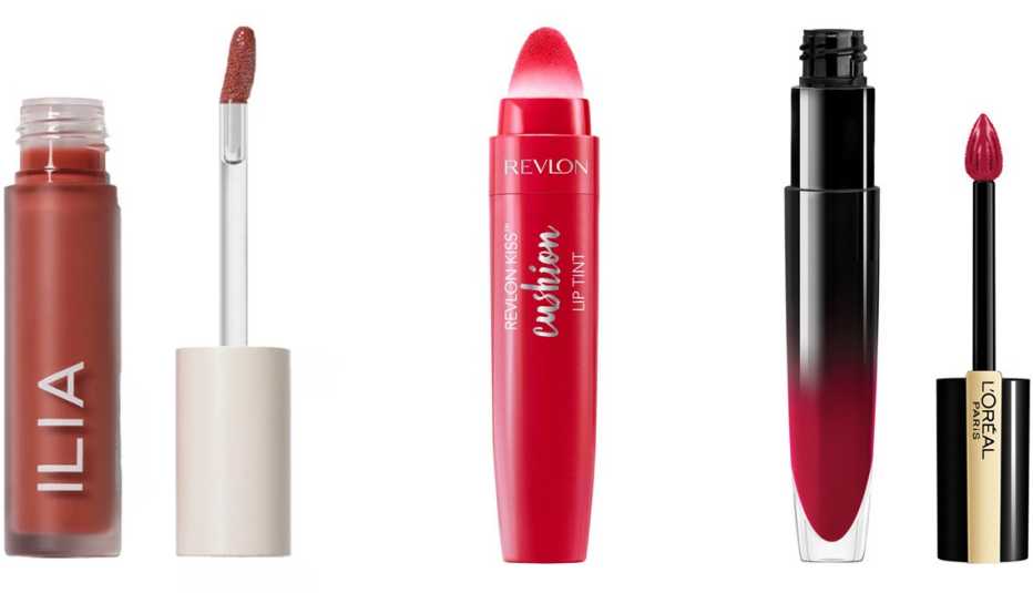 Ilia Balmy Gloss Tinted Lip Oil in Saint; Revlon Kiss Cushion Lip Tint in Crimson Feels; L’Oréal Paris Brilliant Signature Shiny Lip Stain Lipstick in Be Powerful