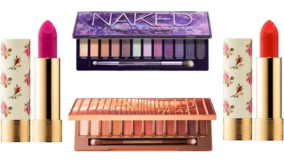 Gucci Rouge a Levres Voile Sheer Lipstick in 403 Love Before Breakfast; Urban Decay Naked Ultraviolet Eyeshadow Palette; Gucci Rouge a Levres Voile Sheer Lipstick in 302 Agatha Orange; Urban Decay Naked Heat Eyeshadow Palette
