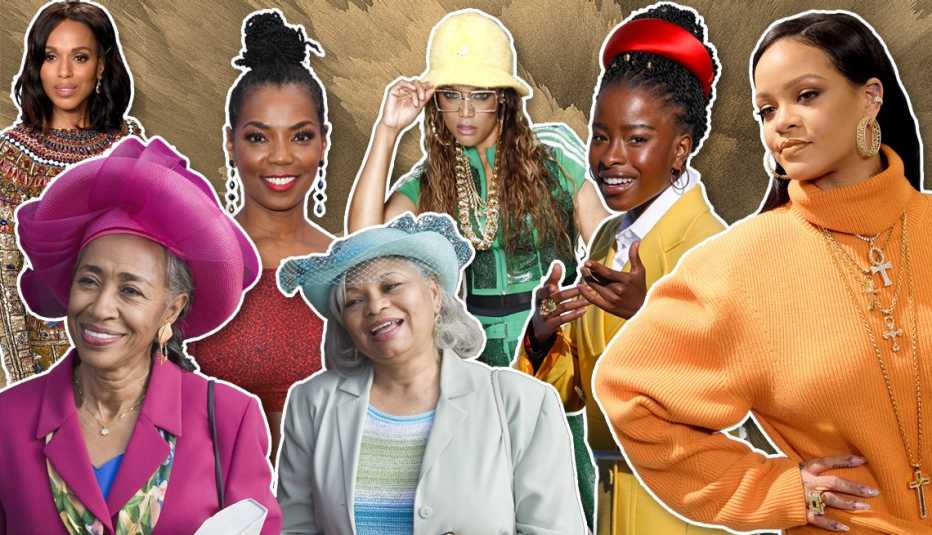 clockwise from top left is kerry washington vanessa williams tyra banks amanda gorman rihanna and two women wearing their Sunday best church hats